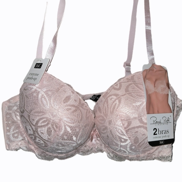 Rene Rofe Lingerie Extreme Push Up Pastel Pink/Nude Floral Lace Bra 36C - Picture 2 of 3